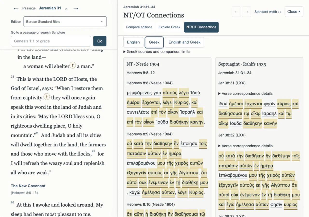 Ad Fontes showing the Berean Standard Bible reader beside a comparison of New Testament Greek and the Septuagint, with shared words highlighted.