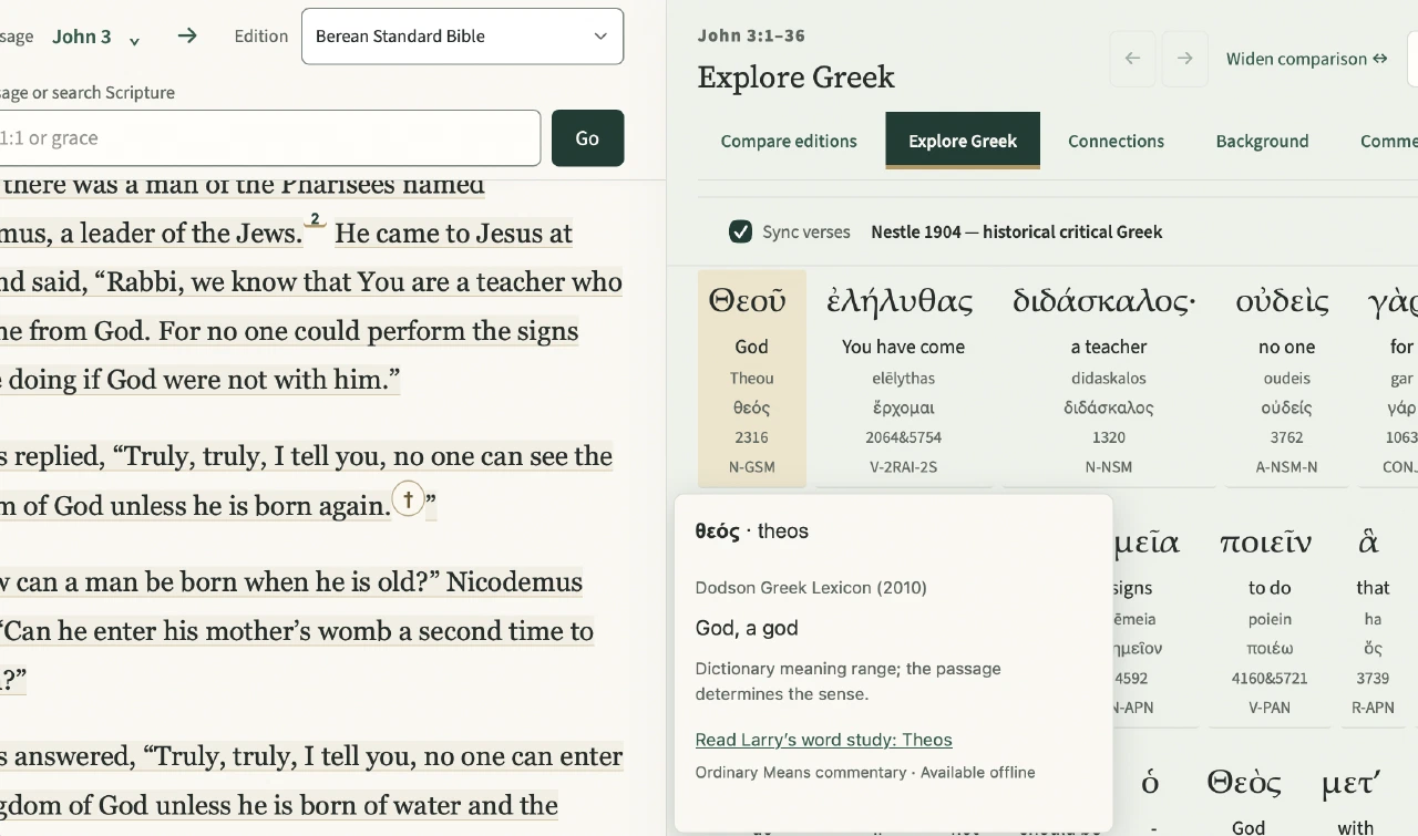 Ad Fontes Greek explorer for John 3, with the word theos selected and its lexicon entry beside the Bible text.